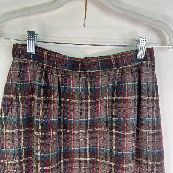 Vintage Lady Halrin Plaid Wool Skirt Womens 8 Brown Lined Pockets Zip Pleated - Picture 2 of 11